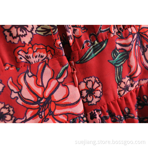 Women Clothing Flower Printing Loose Dress with Bow